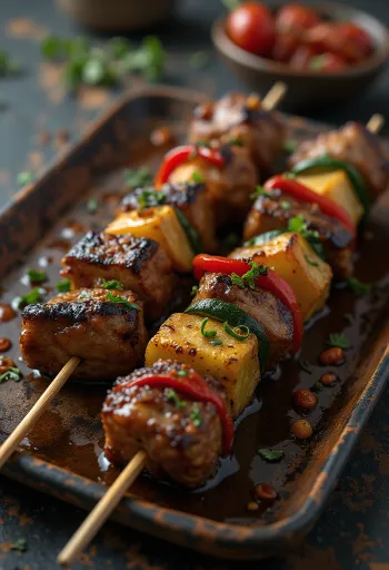 Kangaroo skewers with chili sauce served on a rustic platter.