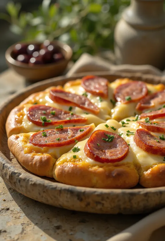 Sausage and smoked cheese focaccia served