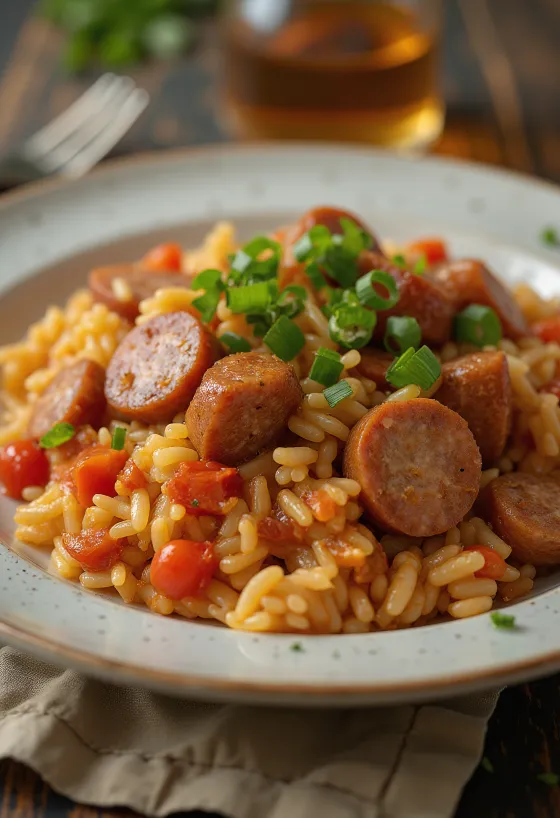 Smoked sausage jambalaya served in a bowl garnished with parsley