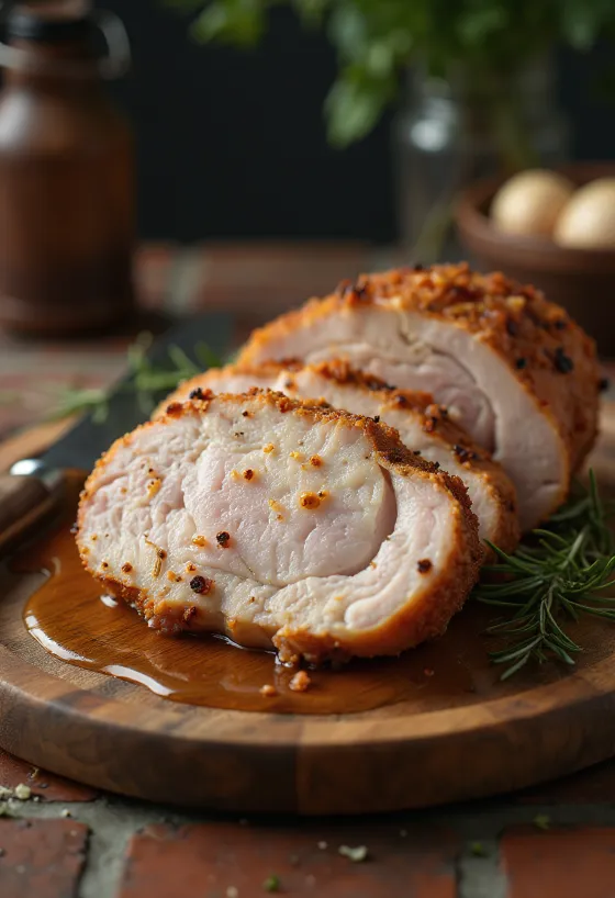 Golden brown roast meat with crispy crust and juicy interior