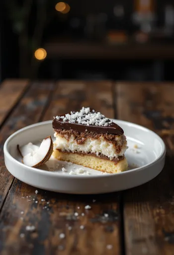 Bounty cake decorated with chocolate glaze and desiccated coconut
