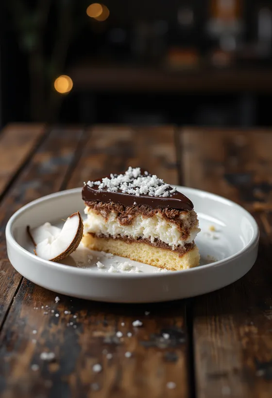 Bounty cake decorated with chocolate glaze and desiccated coconut
