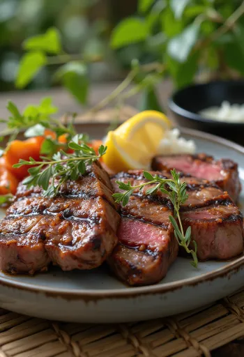 Grilled emu steaks served on a rustic plate