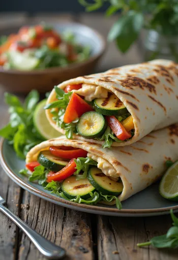 Grilled vegetable wrap with hummus and rocket