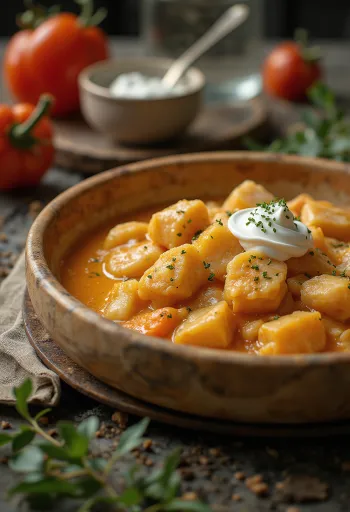 Catfish paprikash served with cottage cheese pasta