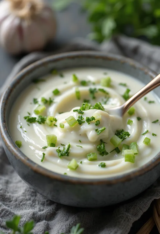 Dill and garlic sour cream sauce in a bowl, garnished with fresh dill and lemon.