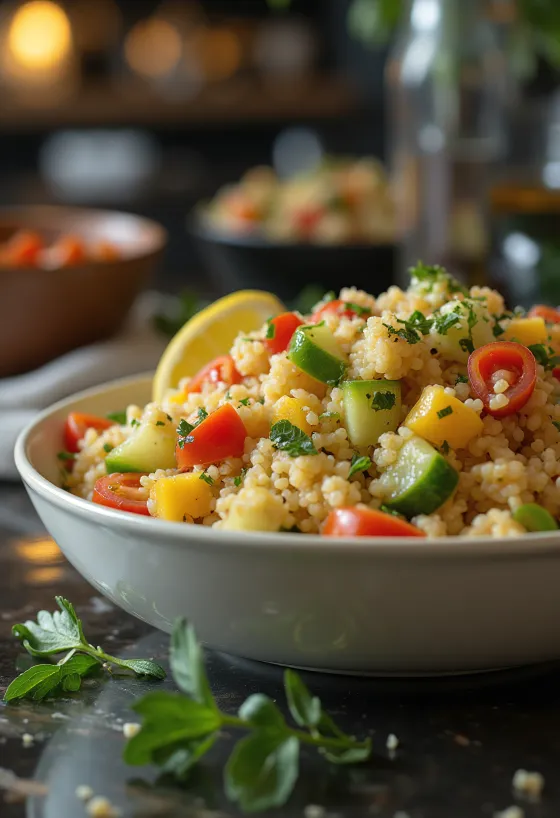 Fresh couscous salad served with colourful vegetables and herbs.