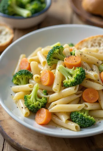 Menestra with broccoli, pasta and vegetables served in a rich sauce