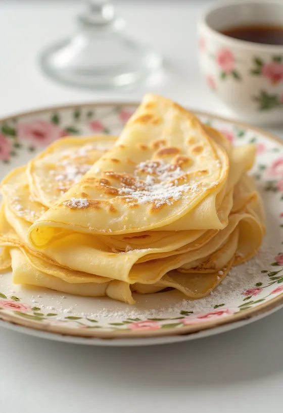 Fresh crêpes baked golden brown, sprinkled with icing sugar