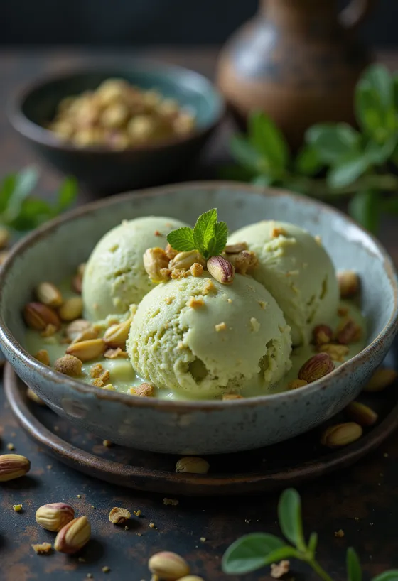 Pistachio ice cream served