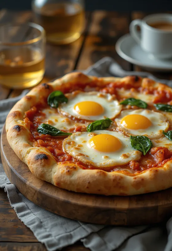 Pizza alla Bismark served with fresh egg and spinach