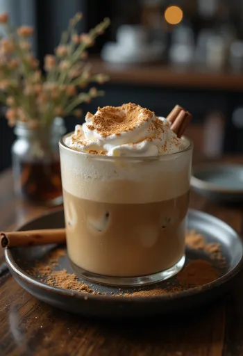 Cinnamon-mint frappé coffee drink garnished with whipped cream, cinnamon stick and mint leaves