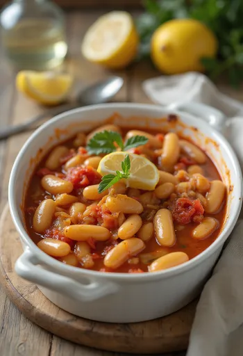 Gigantes plaki with olive oil, freshly served