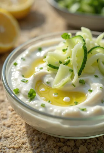 Cucumber and dill sour cream dip in a bowl, garnished with dill and cucumber.