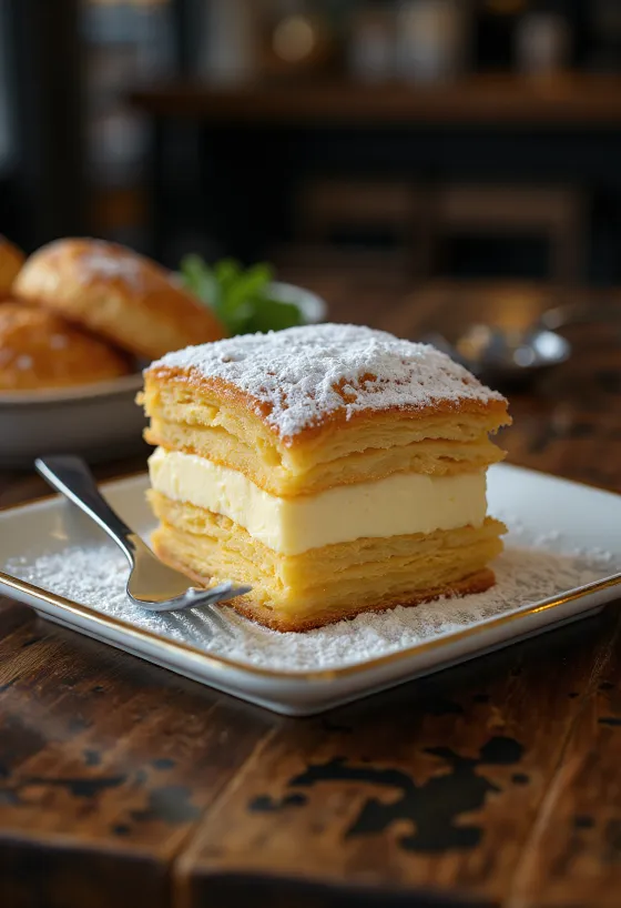 Vanilla slice dusted with icing sugar on a white plate