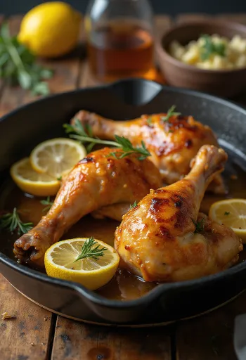 Roast chicken thighs baked golden brown, with crispy skin and garnished with fresh herbs