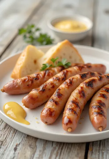 Golden brown fried frankfurters with crispy skin, served with mustard and fresh bread