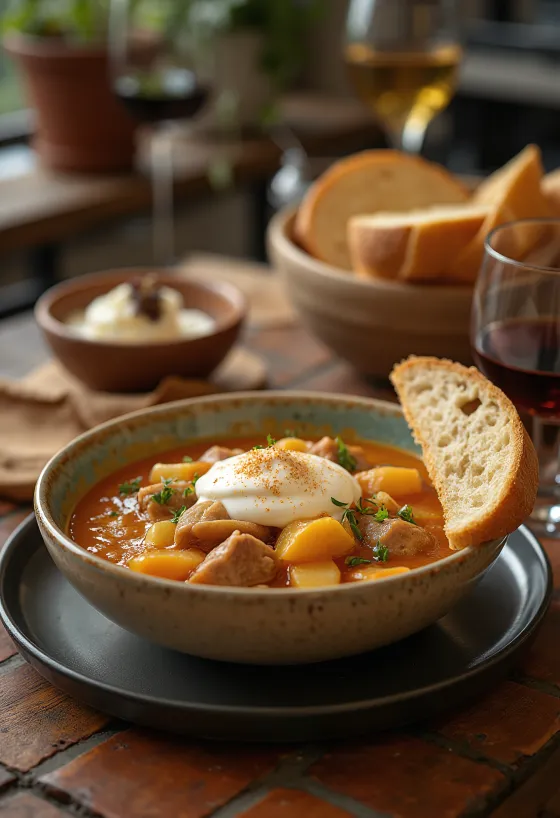 Traditional Székely cabbage with juicy pork and sauerkraut, served with sour cream.