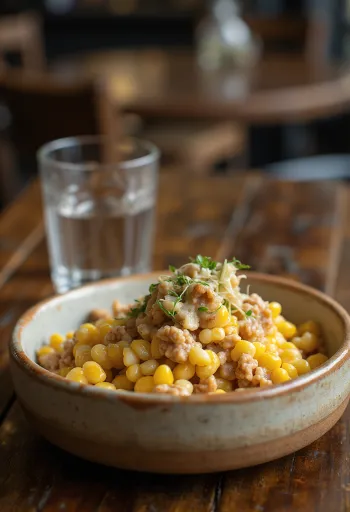 Mexican corn salad with walnuts, feta cheese and lime wedges