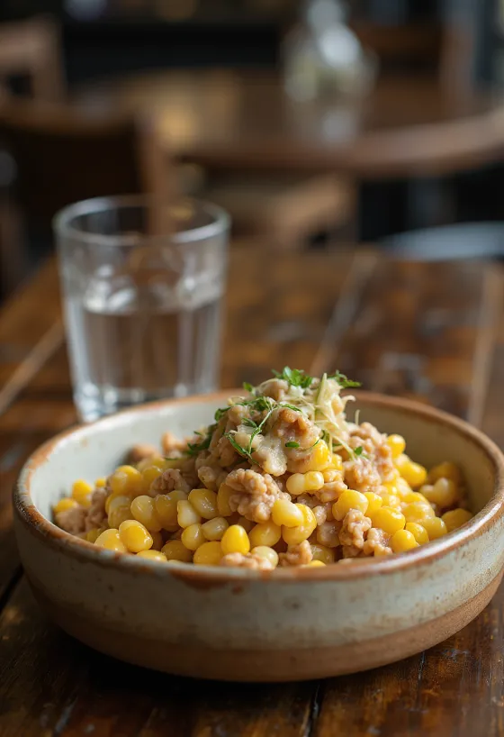 Mexican corn salad with walnuts, feta cheese and lime wedges