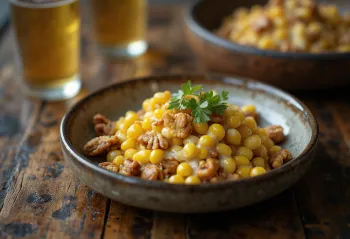 Mexican corn salad with walnuts, feta cheese and lime wedges