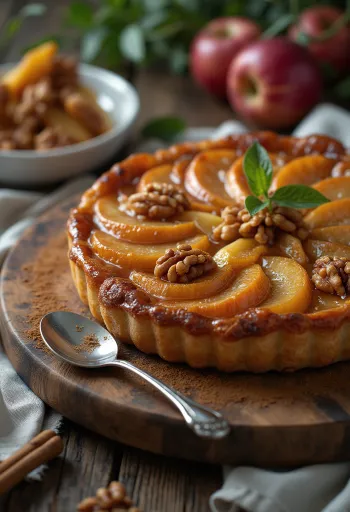 Walnut Tarte Tatin, served with caramelised apple and walnuts