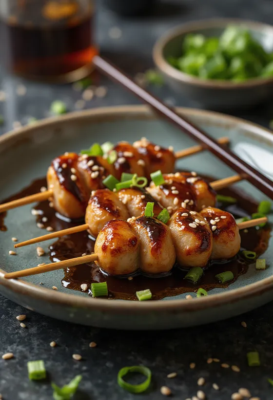 Tsukune meatballs with mushrooms, served with soy sauce