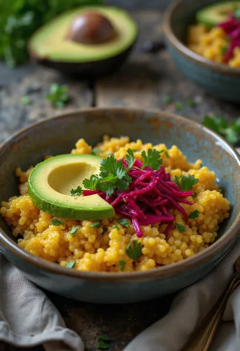 Avocado quinoa curry Buddha bowl with beetroot