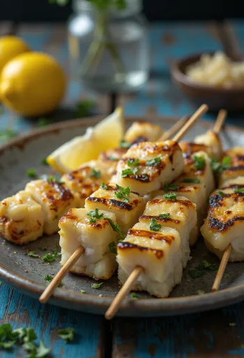 Grilled alligator meat served with lemon and grilled vegetables