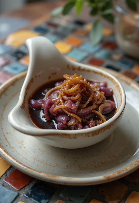 Caramelised onion red wine sauce served in a gravy boat