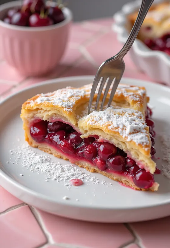 Fresh, homemade sour cherry pie dusted with icing sugar and crispy pastry.