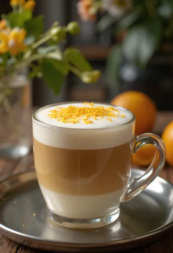 Orange-vanilla latte coffee drink garnished with whipped cream and orange slice