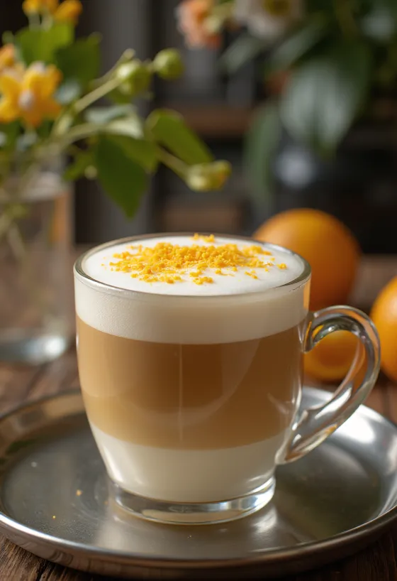 Orange-vanilla latte coffee drink garnished with whipped cream and orange slice
