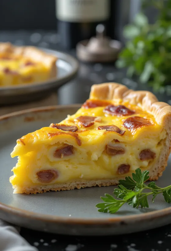 Classic Quiche Lorraine, in crispy pastry with creamy filling, bacon pieces and cheese