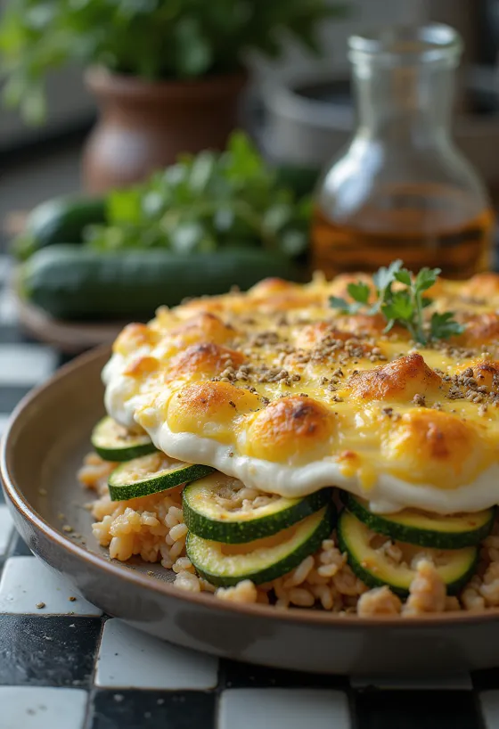 Golden brown layered courgette and pork bake fresh from the oven