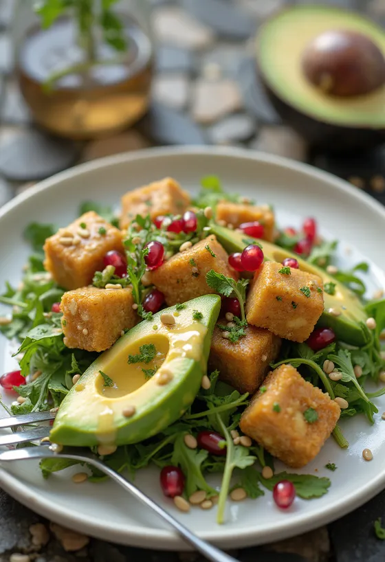 Avocado fried tofu with pomegranate