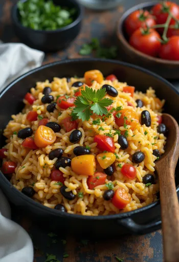 Baião de dois with vegetables, beans and rice, served with fresh coriander