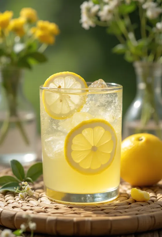 Lemon-elderflower cider fruit drink garnished with lemon slices and elderflower
