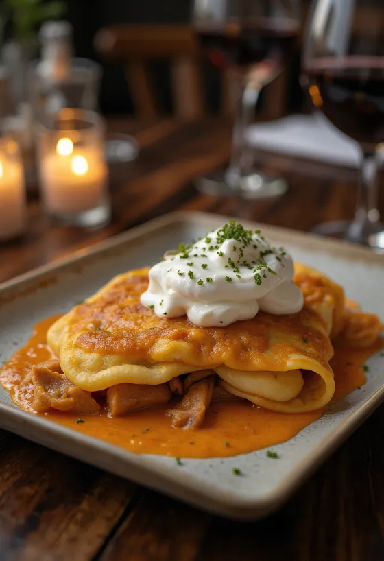 Hortobágy meat pancakes served with sour cream and fresh parsley.