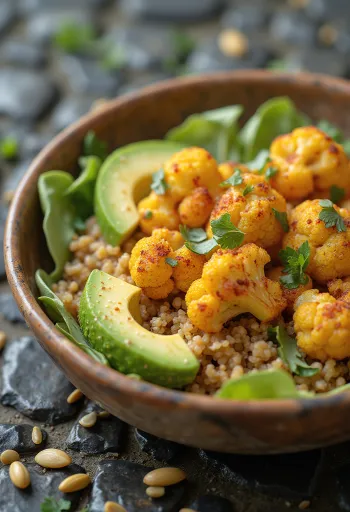 Spicy roasted cauliflower Buddha bowl served