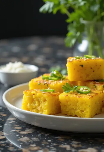Khaman Instant Dhokla served with spicy oil and coriander