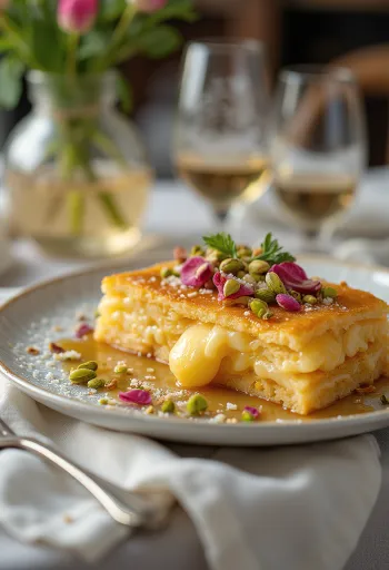 Knafeh Khishneh served with cheese and rose water syrup