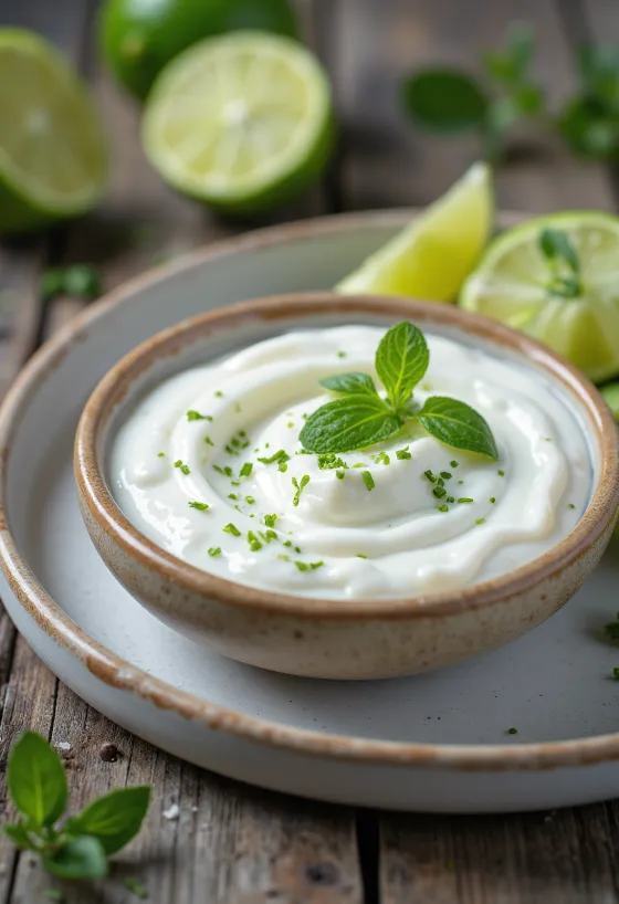 Coriander lime yoghurt dip served in a bowl with fresh coriander and lime slices.