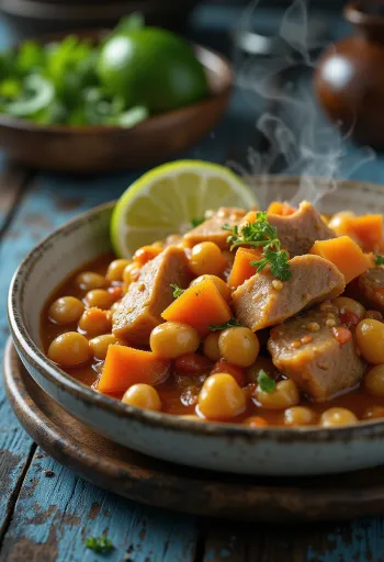 Mondongo con garbanzos served with rich vegetables and spices