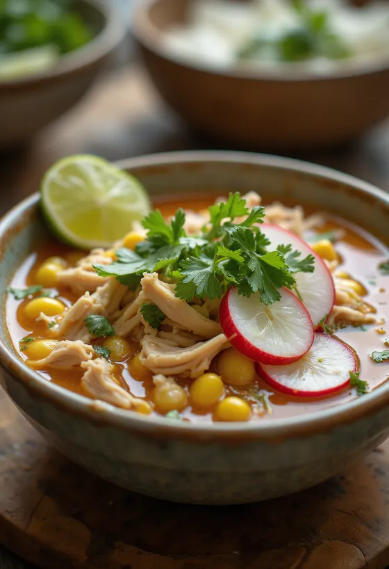 Pozole de pollo with chicken and hominy corn, lime wedges