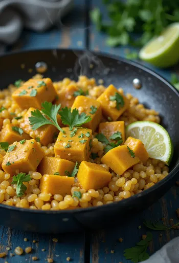 Pumpkin and quinoa stir-fry served with curried tahini and tofu