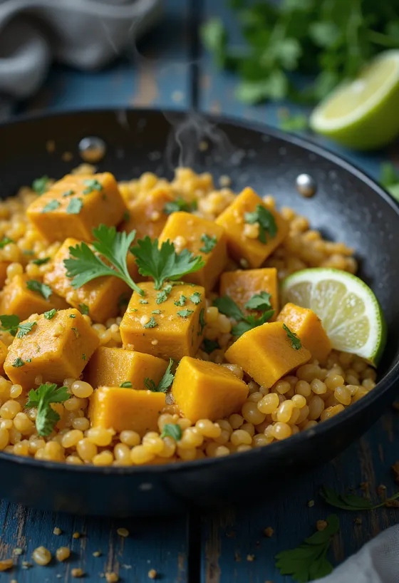 Pumpkin and quinoa stir-fry served with curried tahini and tofu