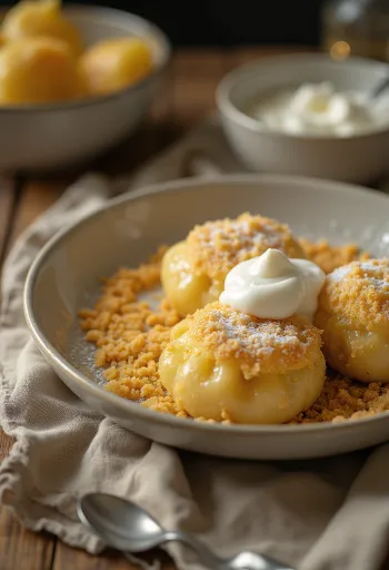 Curd Cheese Dumplings in toasted breadcrumbs, served with sour cream and sugar