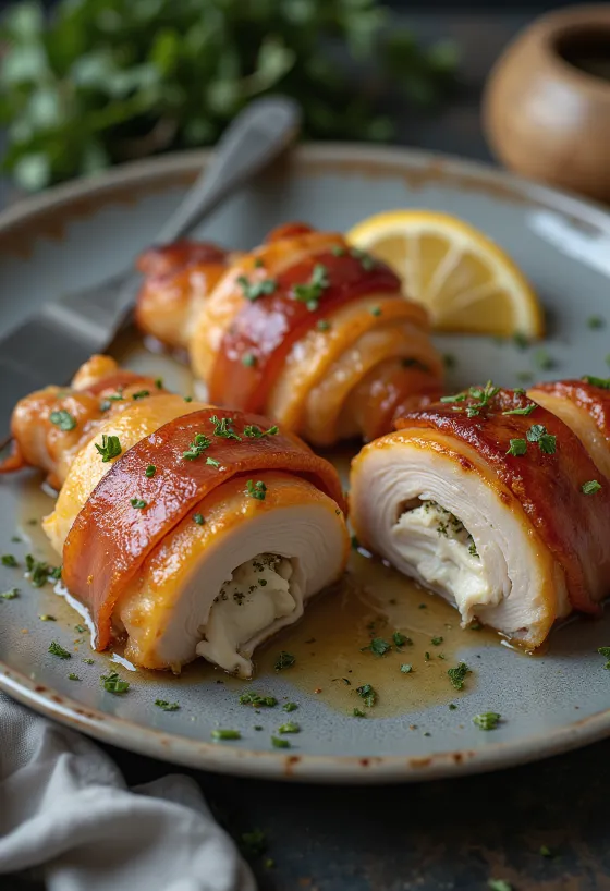 Bacon-wrapped chicken breast served with steamed vegetables