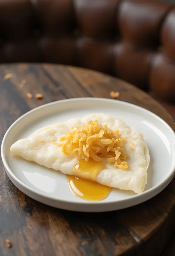 Beiju sweetened with honey, garnished with desiccated coconut